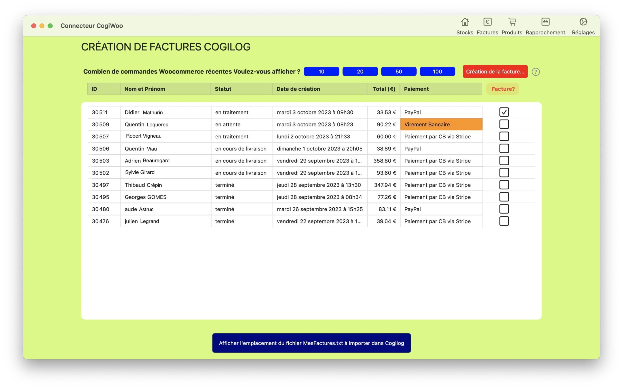 Création de factures cogilog à partir de commandes woocommerce