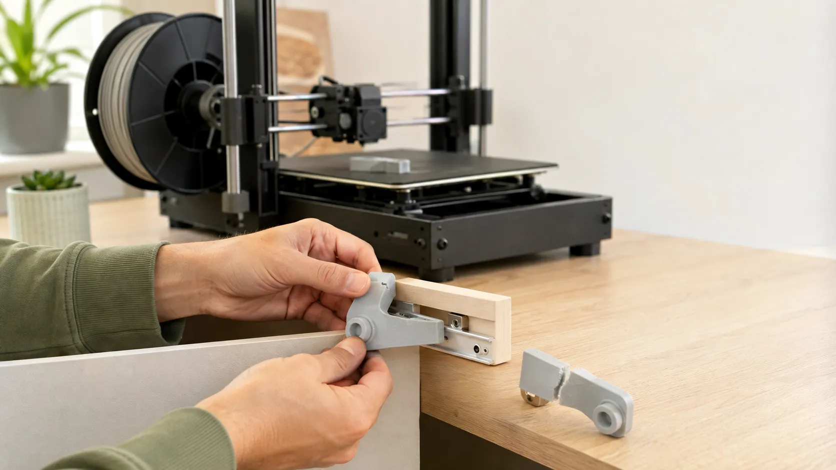 Installation d’une pièce de remplacement imprimée en PLA devant une imprimante 3D domestique.