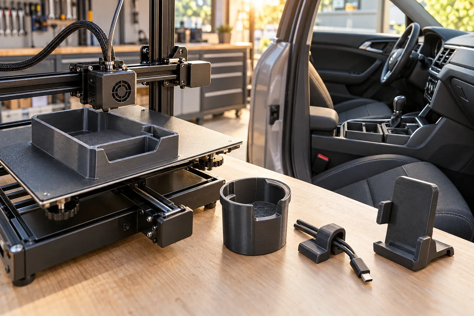 Accessoires automobiles imprimés en 3D avec du filament ASA, devant une imprimante FDM et un véhicule.