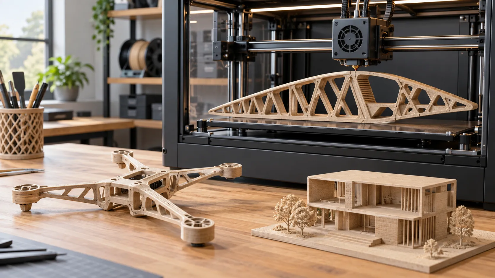 Pièces légères et rigides en PLA chargé de fibres de lin imprimées en 3D, avec un châssis de drone et une maquette architecturale.