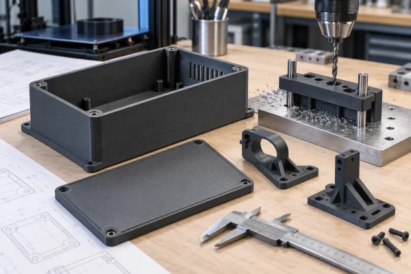 Boîtier, gabarit de perçage et supports techniques imprimés en ABS avec des bases planes.