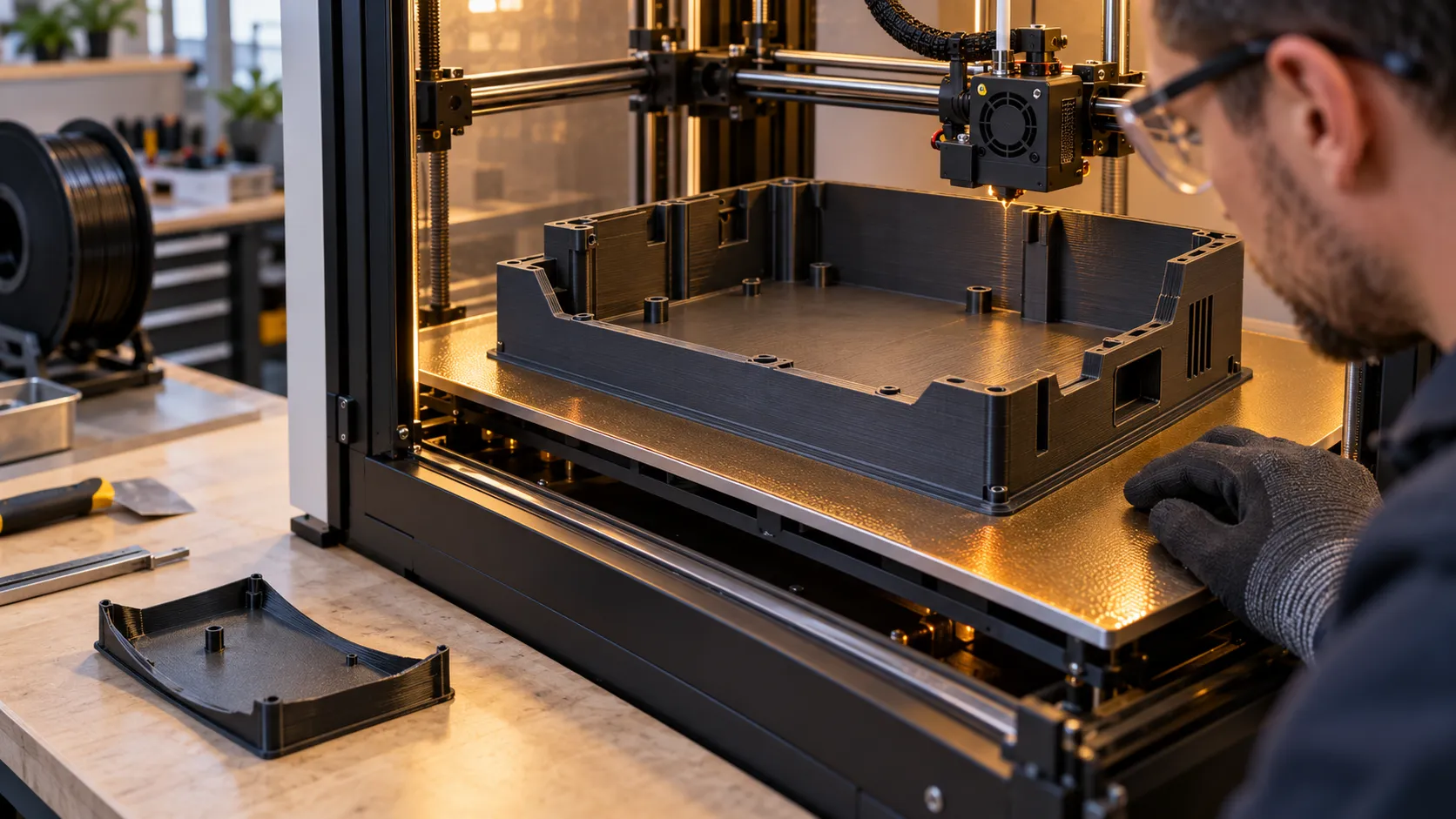 Grande pièce technique imprimée en ABS restant parfaitement plane sur le plateau chauffant d’une imprimante 3D : pas de warping de l'ABS