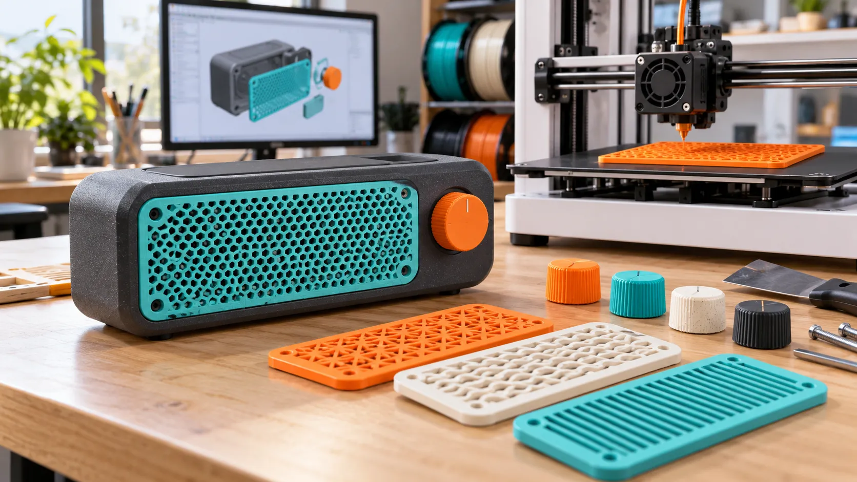 Enceinte portable personnalisée avec des panneaux et boutons imprimés en PLA 3D850