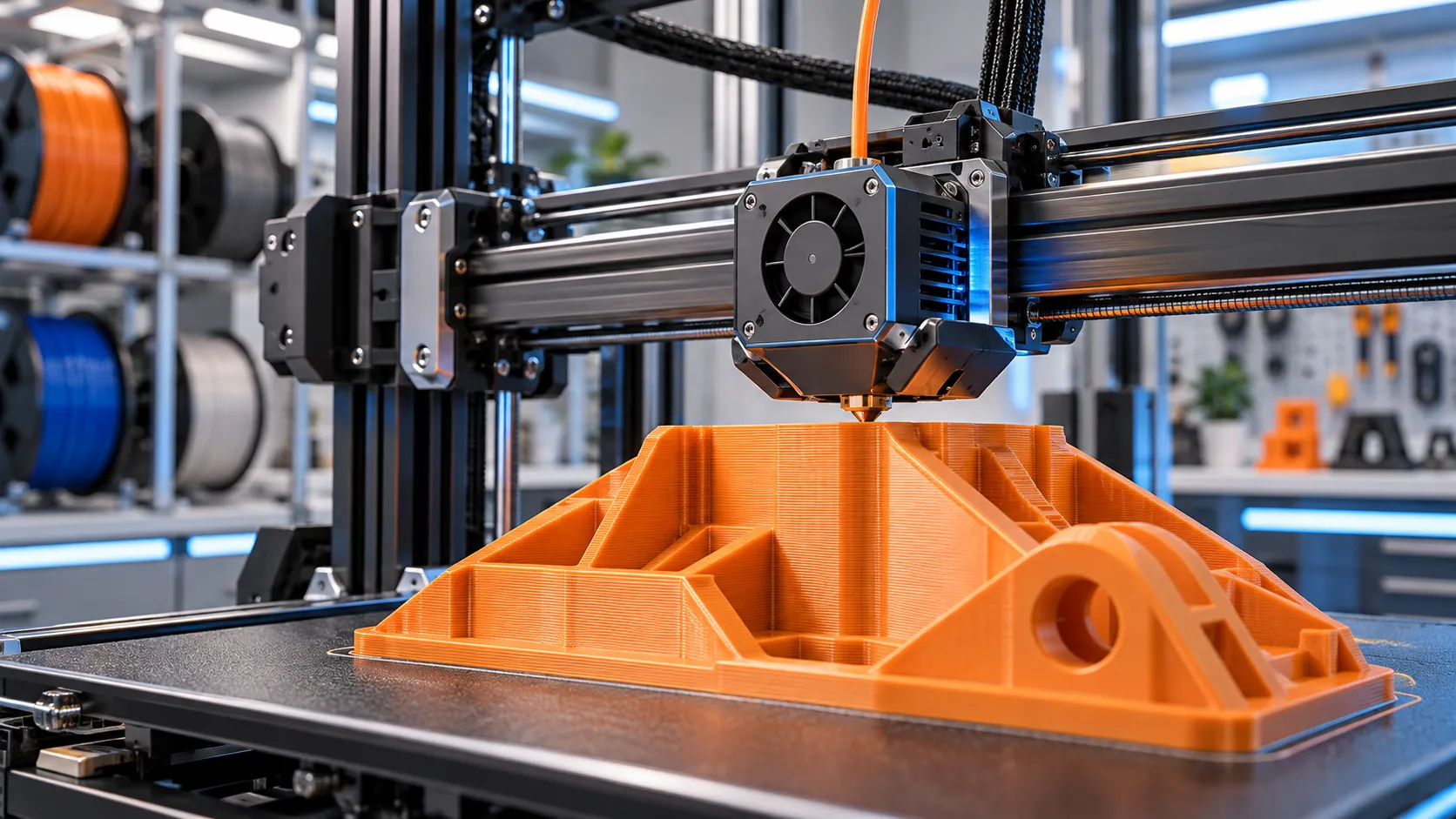 Imprimante 3D rapide équipée d’un hotend haut débit fabriquant une grande pièce technique en PLA orange.