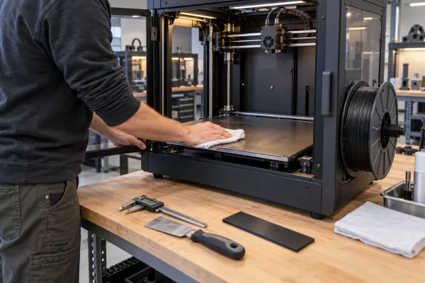 Préparation et nettoyage du plateau d’une imprimante 3D avant une longue impression en ABS.